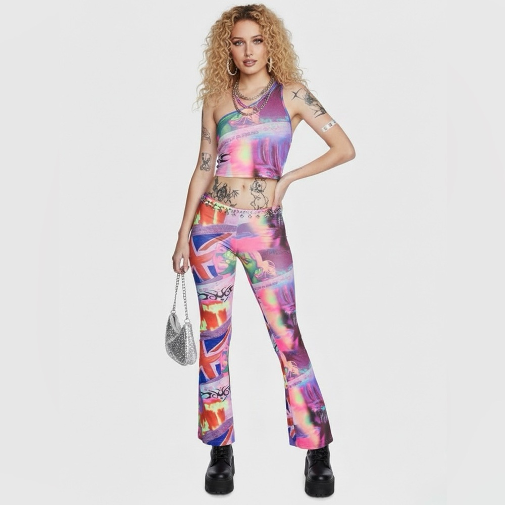 Elsie & Fred Pleasure Print Two Piece Set - Low Rise Flare & One Shoulder Top
